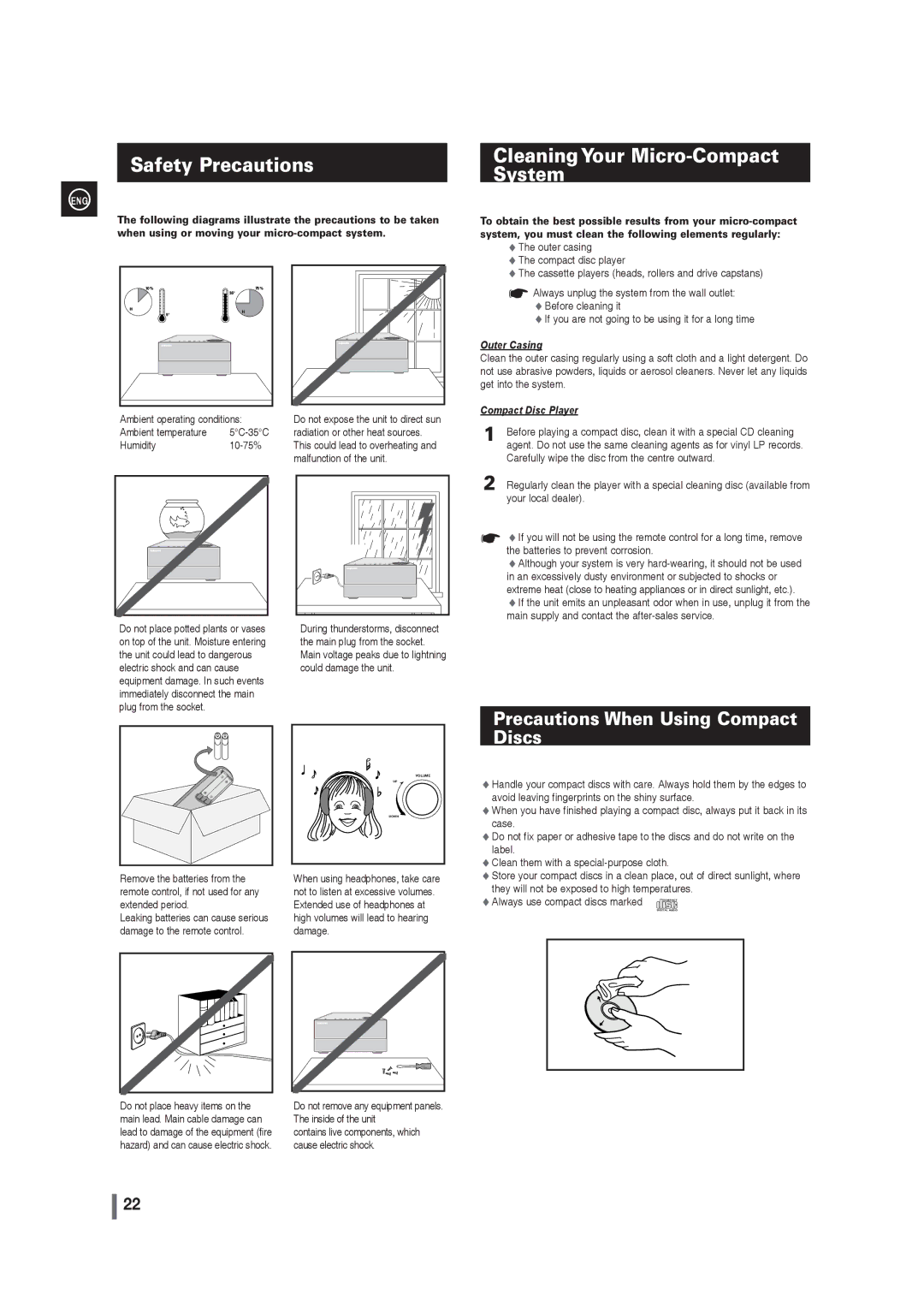 Samsung MM-G35 user manual Safety Precautions, Cleaning Your Micro-Compact System, Precautions When Using Compact Discs 