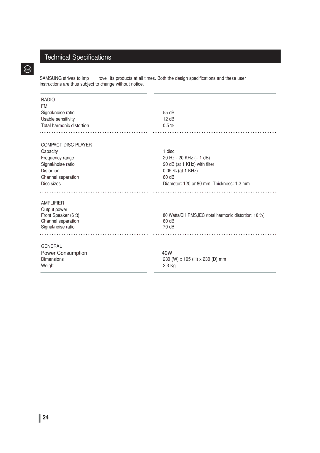 Samsung MM-G35 user manual Technical Specifications, Compact Disc Player 