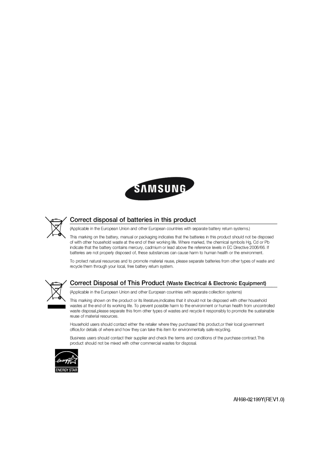 Samsung MM-G35 user manual Correct disposal of batteries in this product 