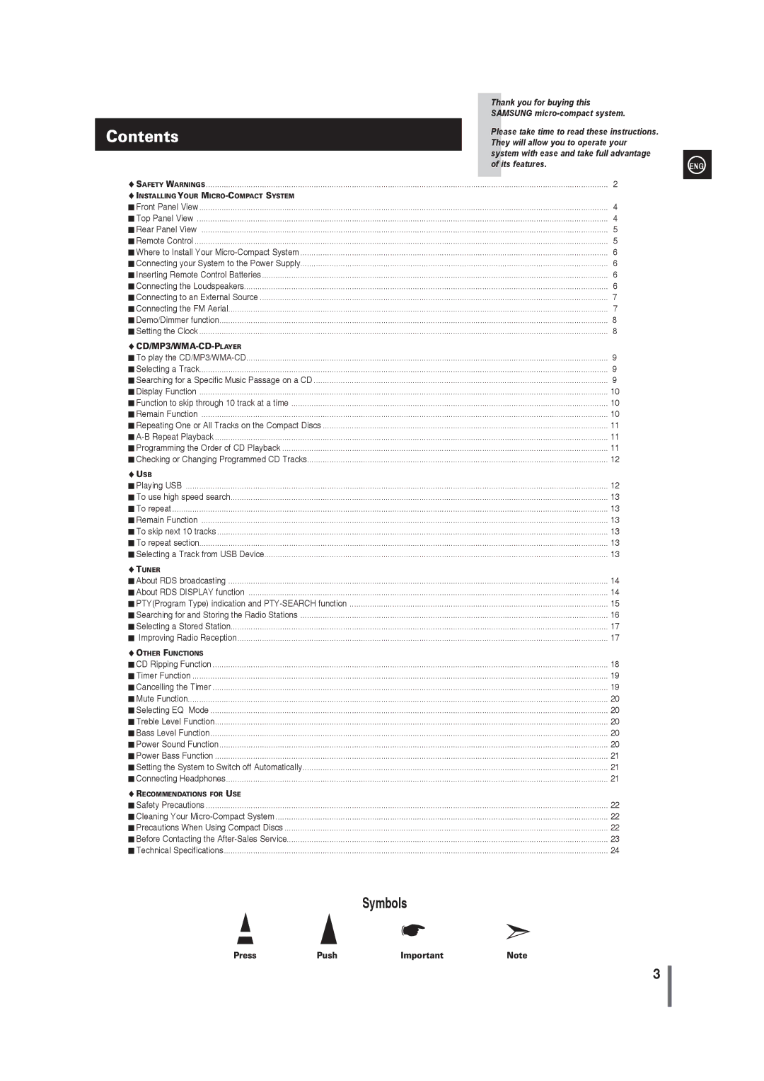 Samsung MM-G35 user manual Contents 