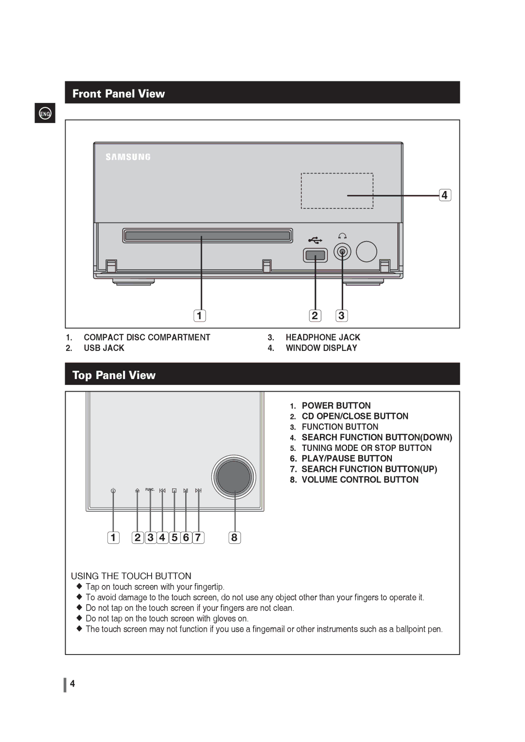 Samsung MM-G35 user manual Front Panel View, Top Panel View 