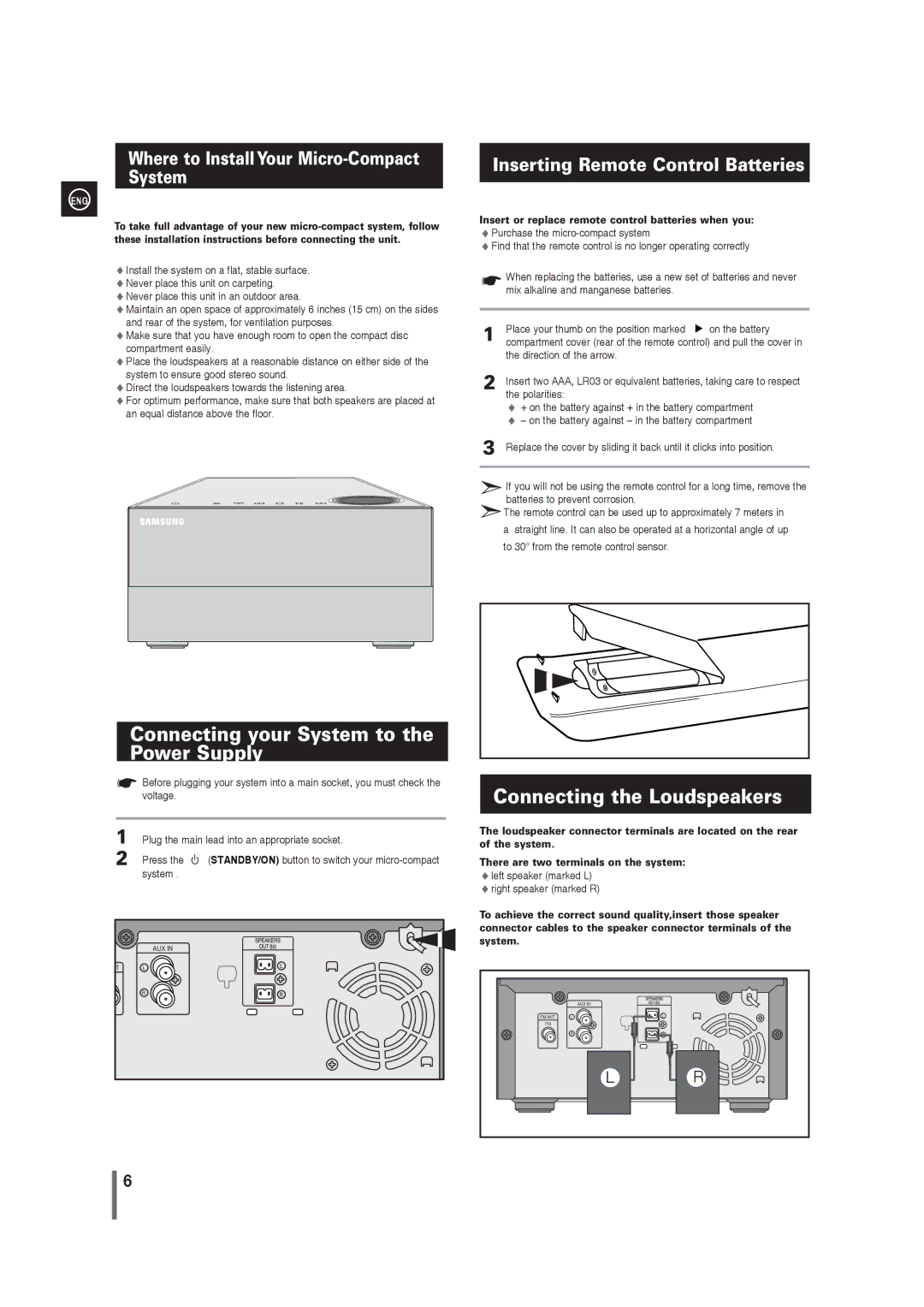 Samsung MM-G35 Connecting your System to the Power Supply, Connecting the Loudspeakers, Inserting Remote Control Batteries 