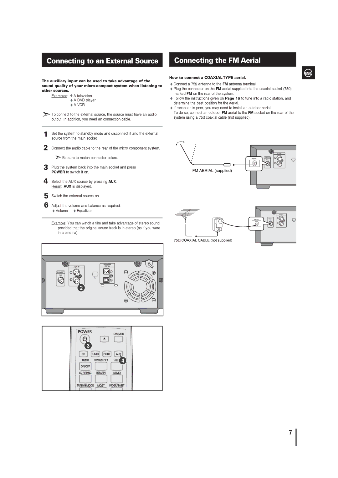 Samsung MM-G35 user manual Connecting to an External Source Connecting the FM Aerial, How to connect a Coaxial Type aerial 