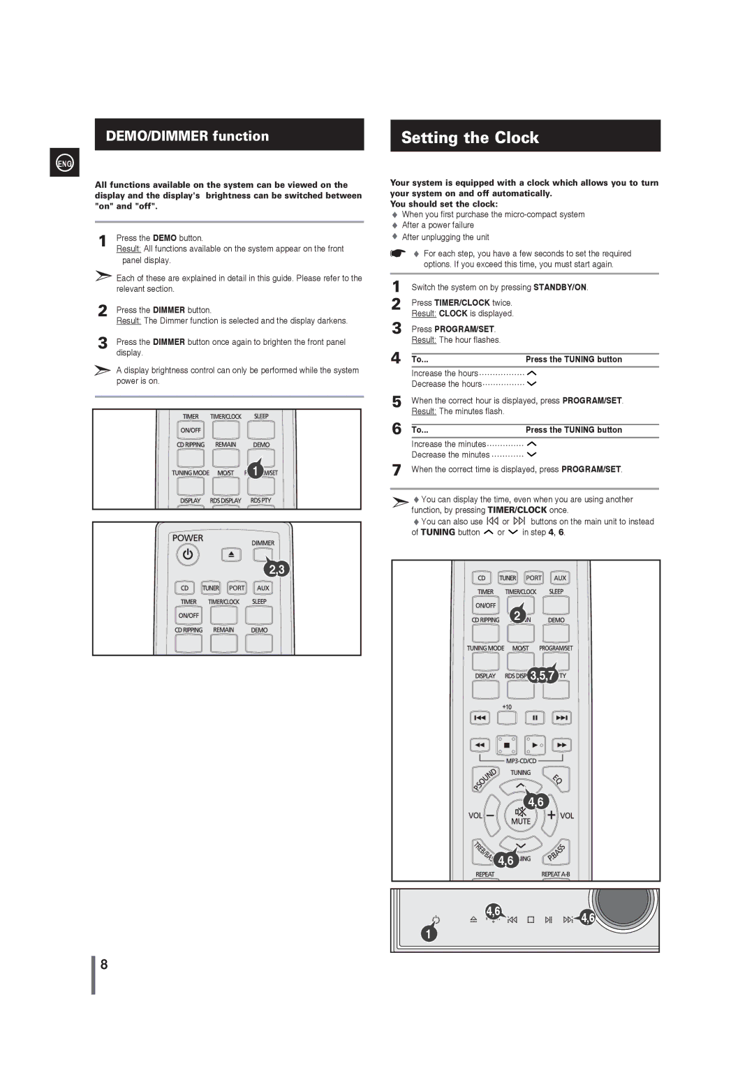 Samsung MM-G35 user manual Setting the Clock, Press PROGRAM/SET, Press the Tuning button 