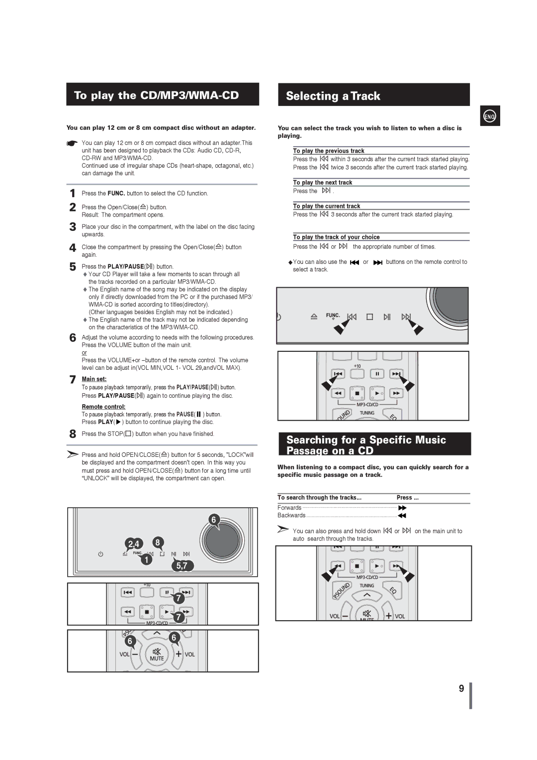 Samsung MM-G35 user manual Selecting a Track, Searching for a Specific Music Passage on a CD 