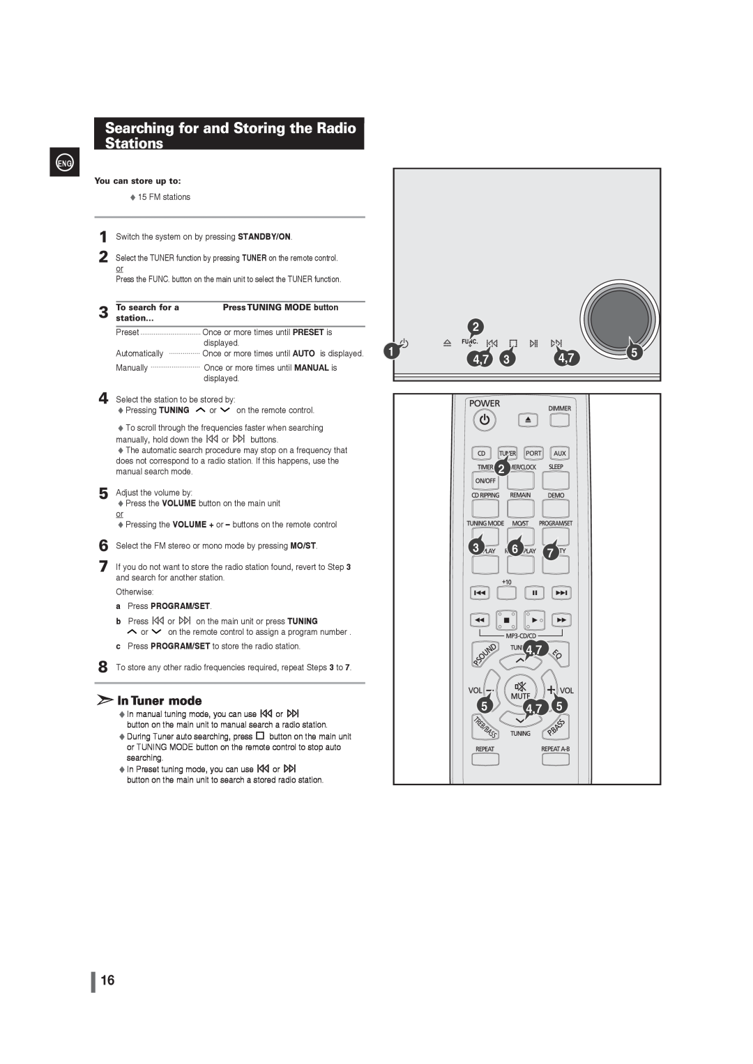 Samsung MM-G35 user manual Searching for and Storing the Radio Stations, 2 36 4,7, In Tuner mode 
