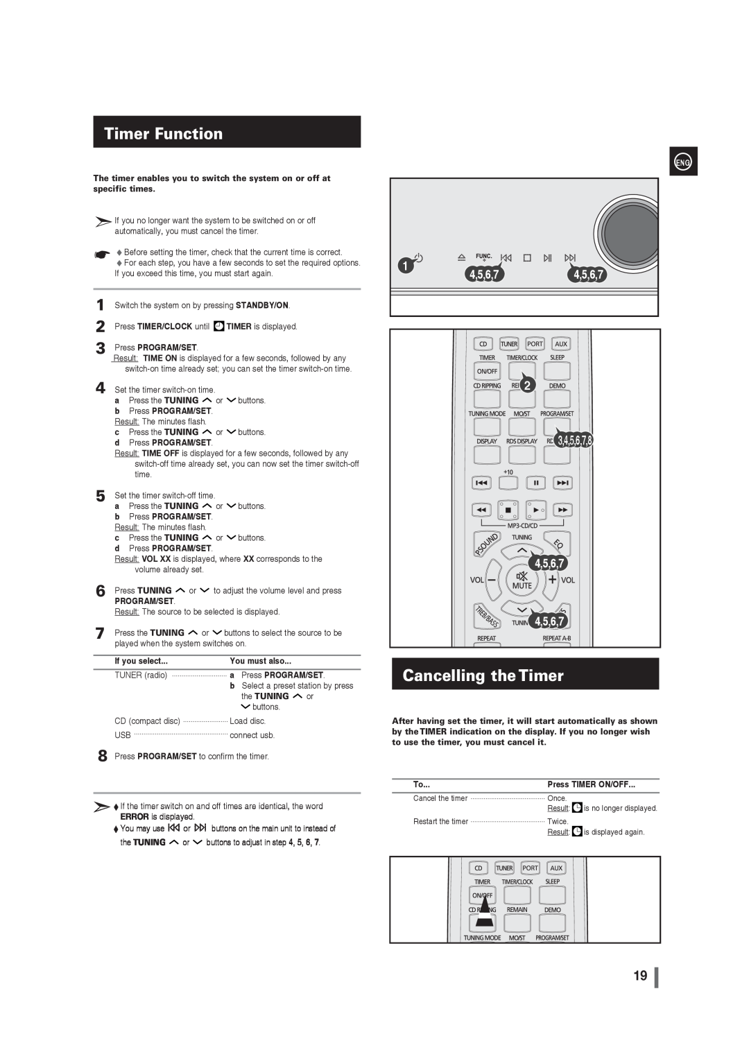 Samsung MM-G35 user manual Timer Function, Cancelling the Timer, 2 3,4,5,6,7,8 4,5,6,7 4,5,6,7 