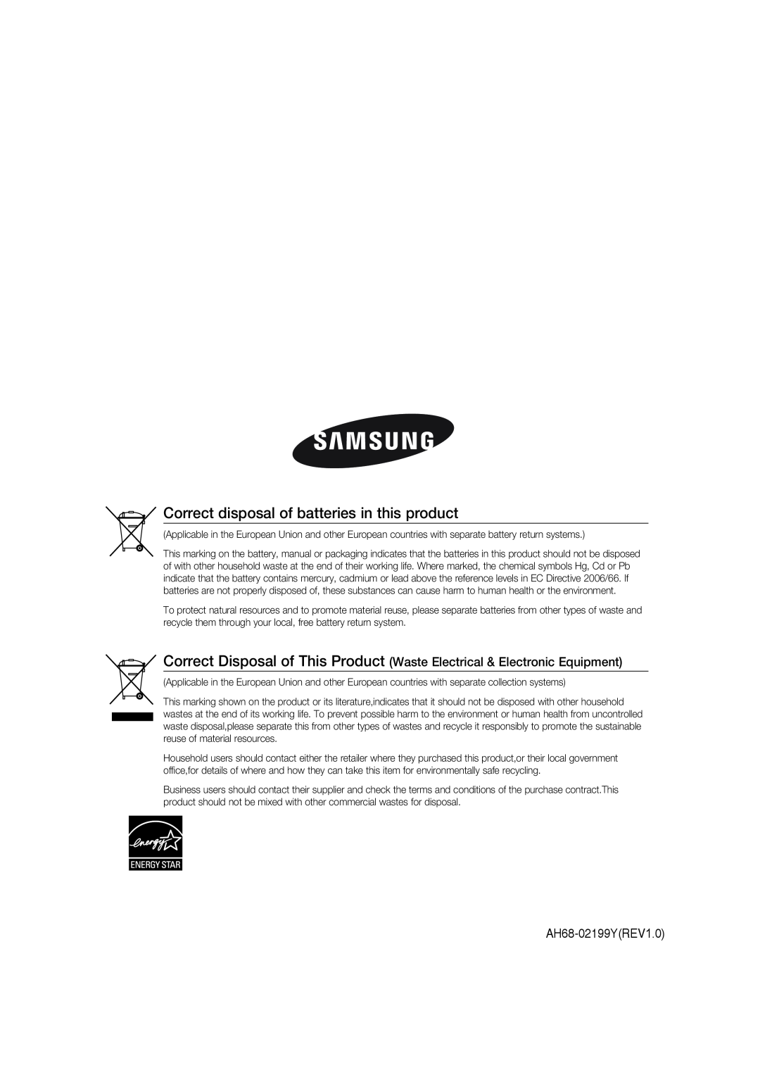 Samsung MM-G35 user manual Correct disposal of batteries in this product, AH68-02199YREV1.0 