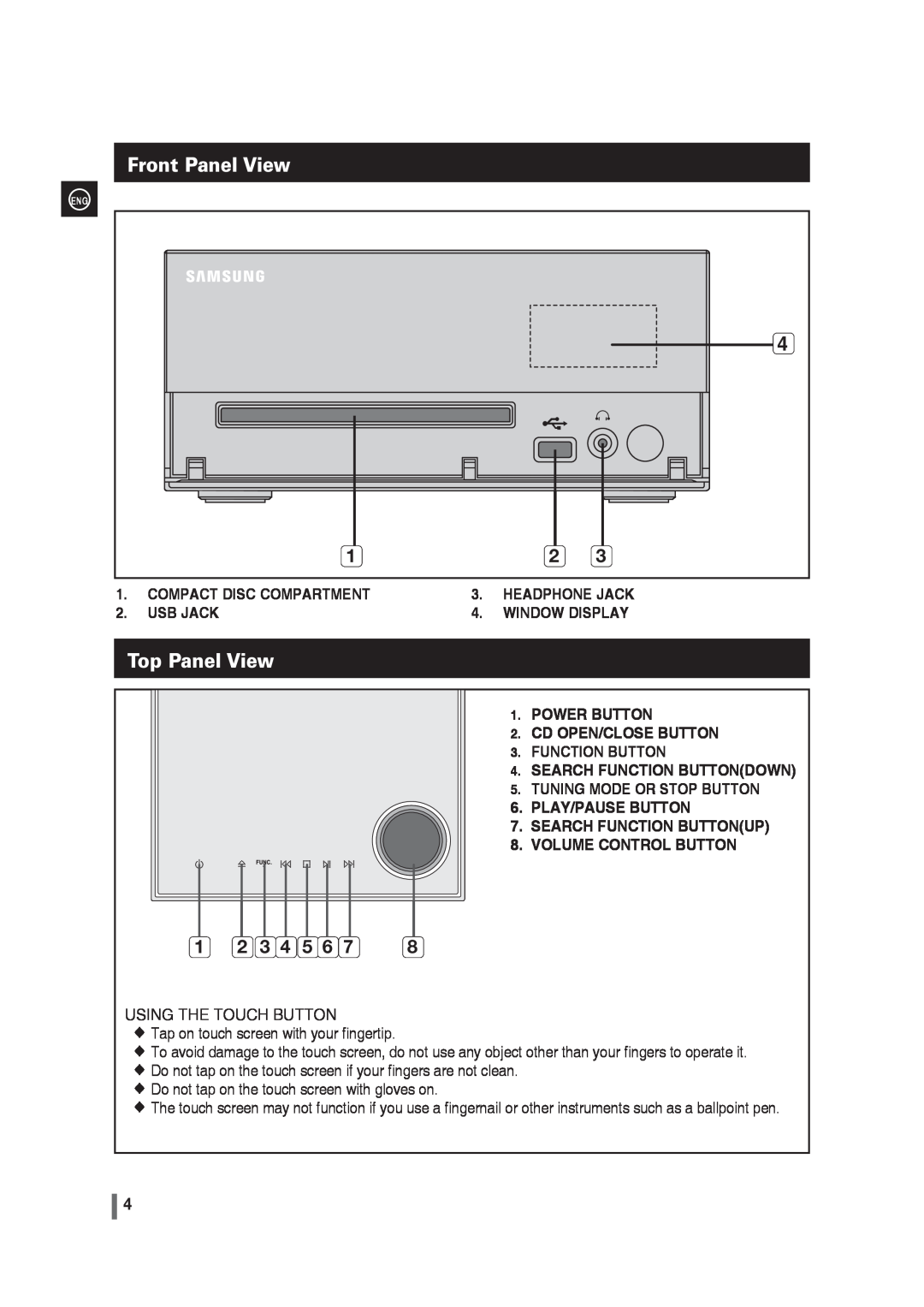 Samsung MM-G35 user manual Front Panel View, Top Panel View 
