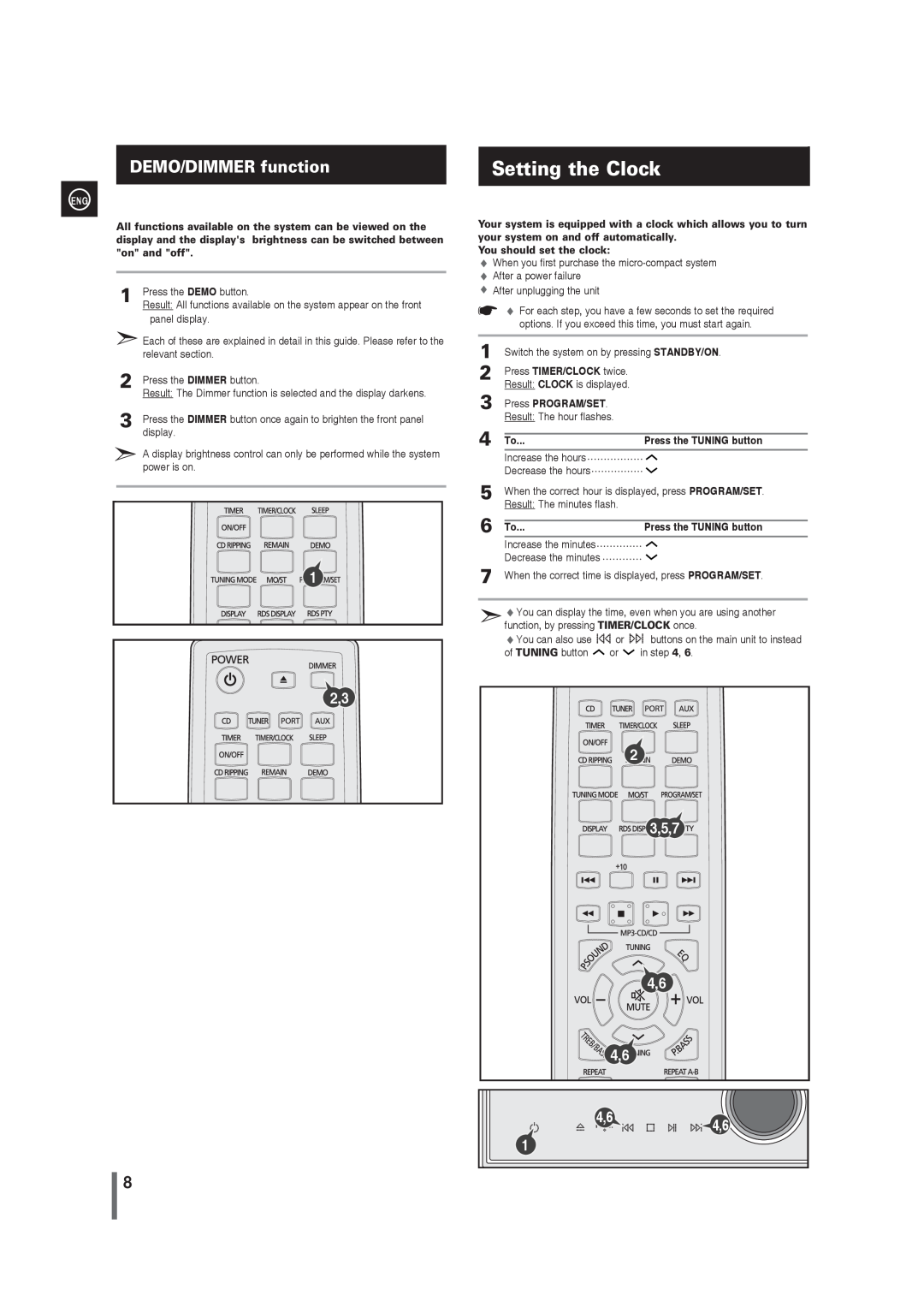 Samsung MM-G35 user manual Setting the Clock, DEMO/DIMMER function, 1 2,3, 2 3,5,7 4,6 4,6 4,64,6 
