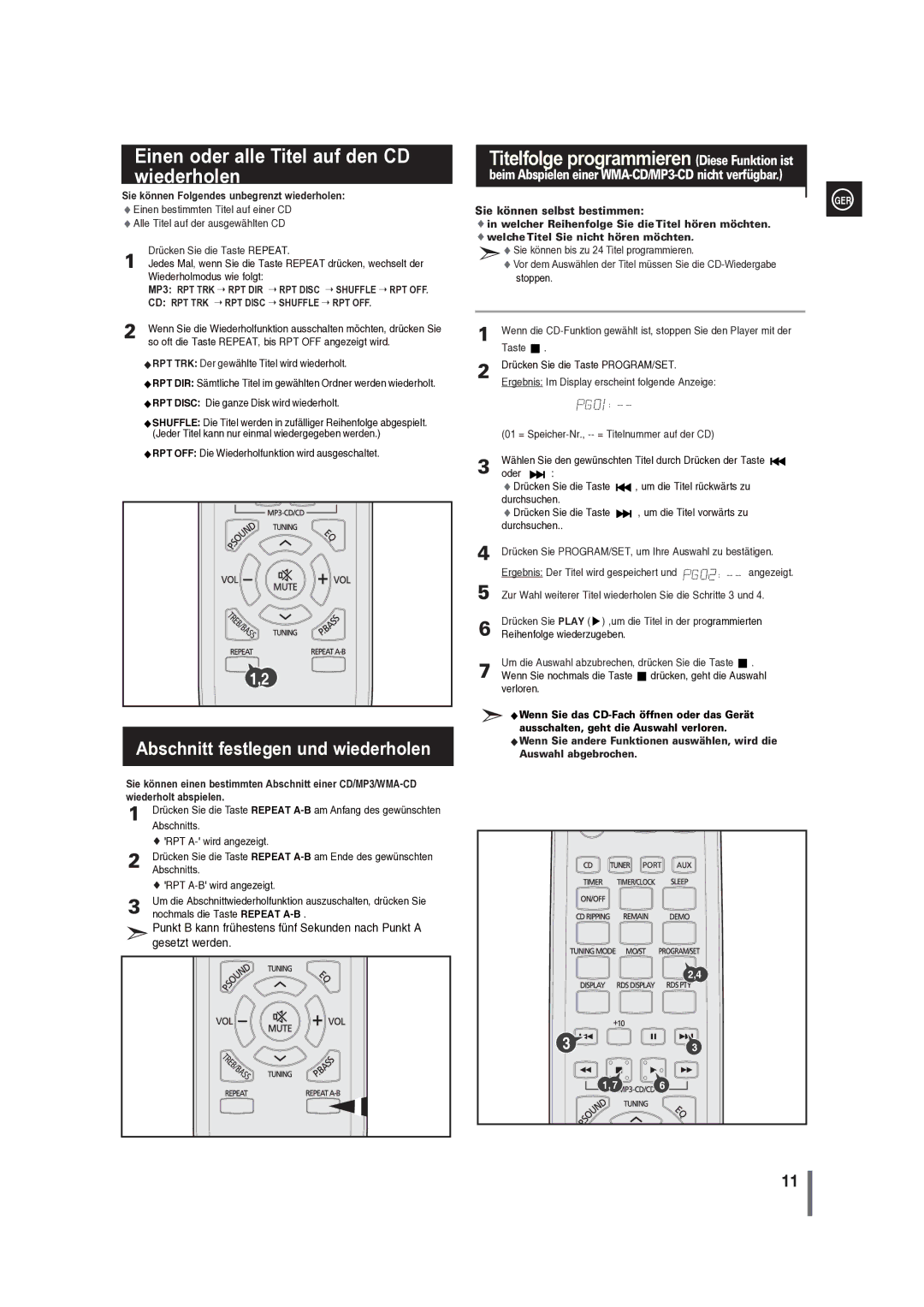 Samsung MM-G35R/EDC manual Einen oder alle Titel auf den CD wiederholen, Sie können Folgendes unbegrenzt wiederholen 