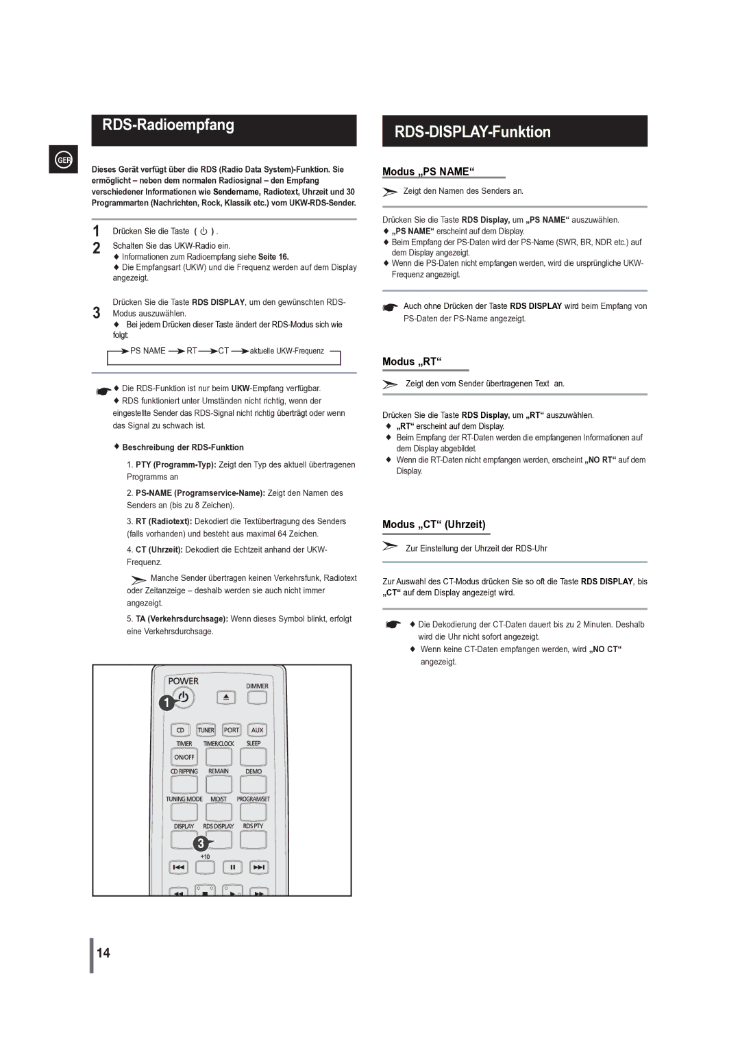 Samsung MM-G35R/EDC RDS-Radioempfang, Informationen zum Radioempfang siehe Seite, Angezeigt, Beschreibung der RDS-Funktion 