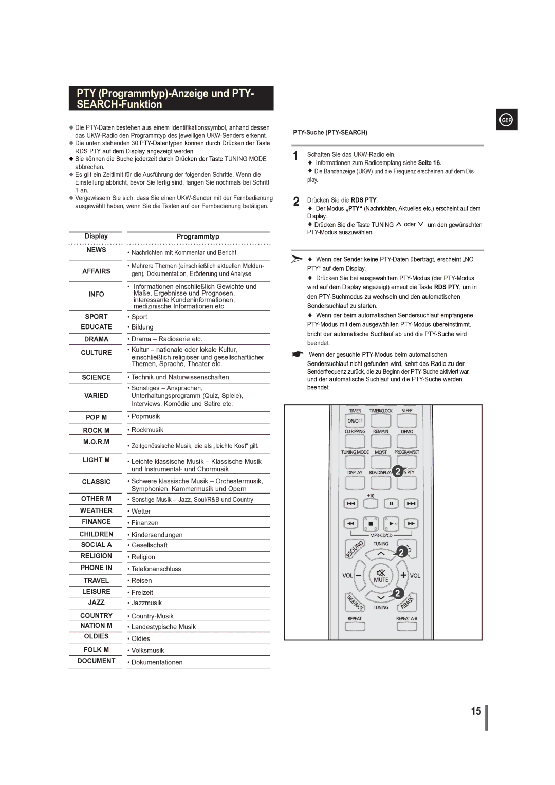 Samsung MM-G35R/EDC manual PTY-Suche PTY-SEARCH, Display, Programmtyp 