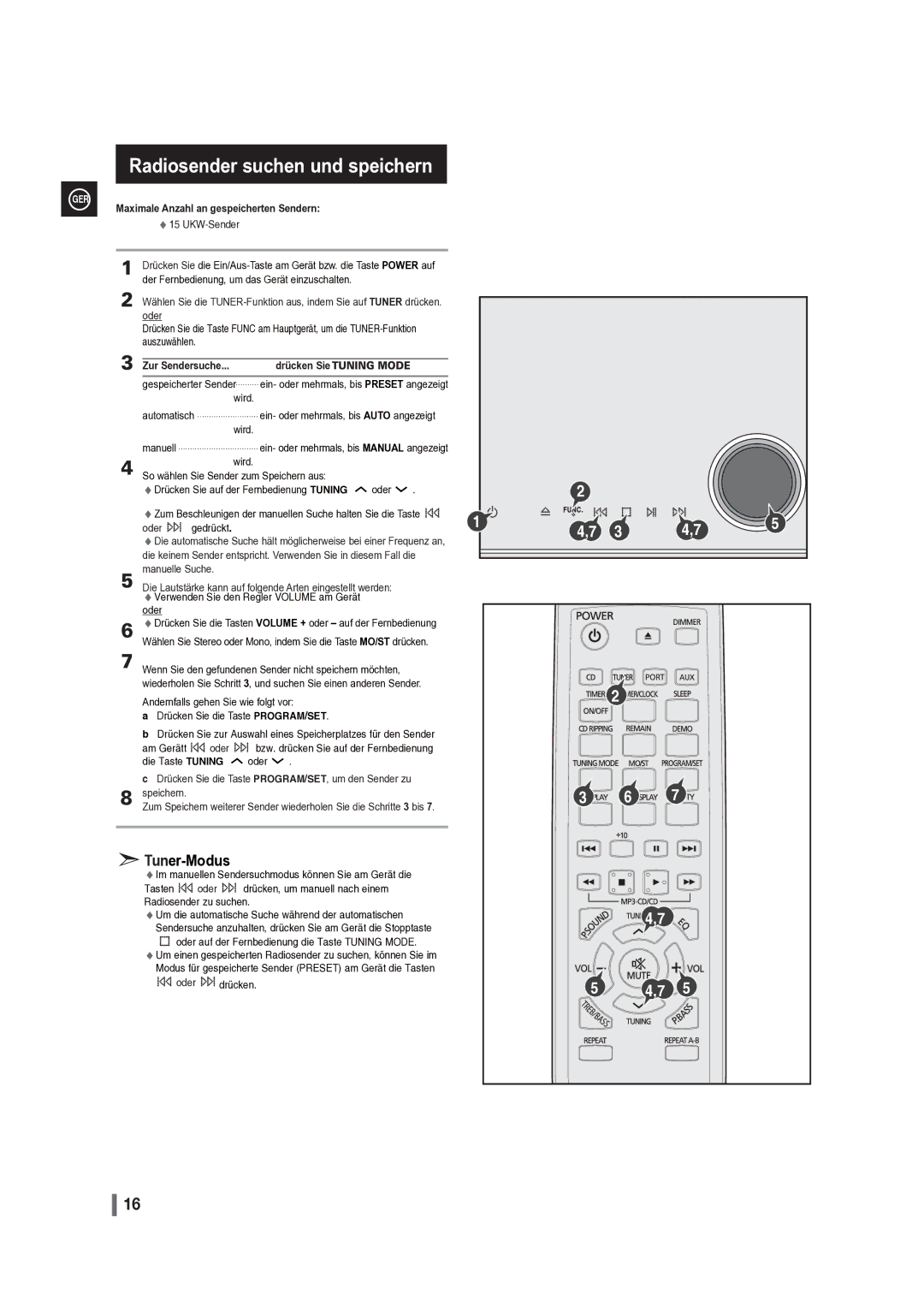 Samsung MM-G35R/EDC manual Zur Sendersuche, Die Lautstärke kann auf folgende Arten eingestellt werden 