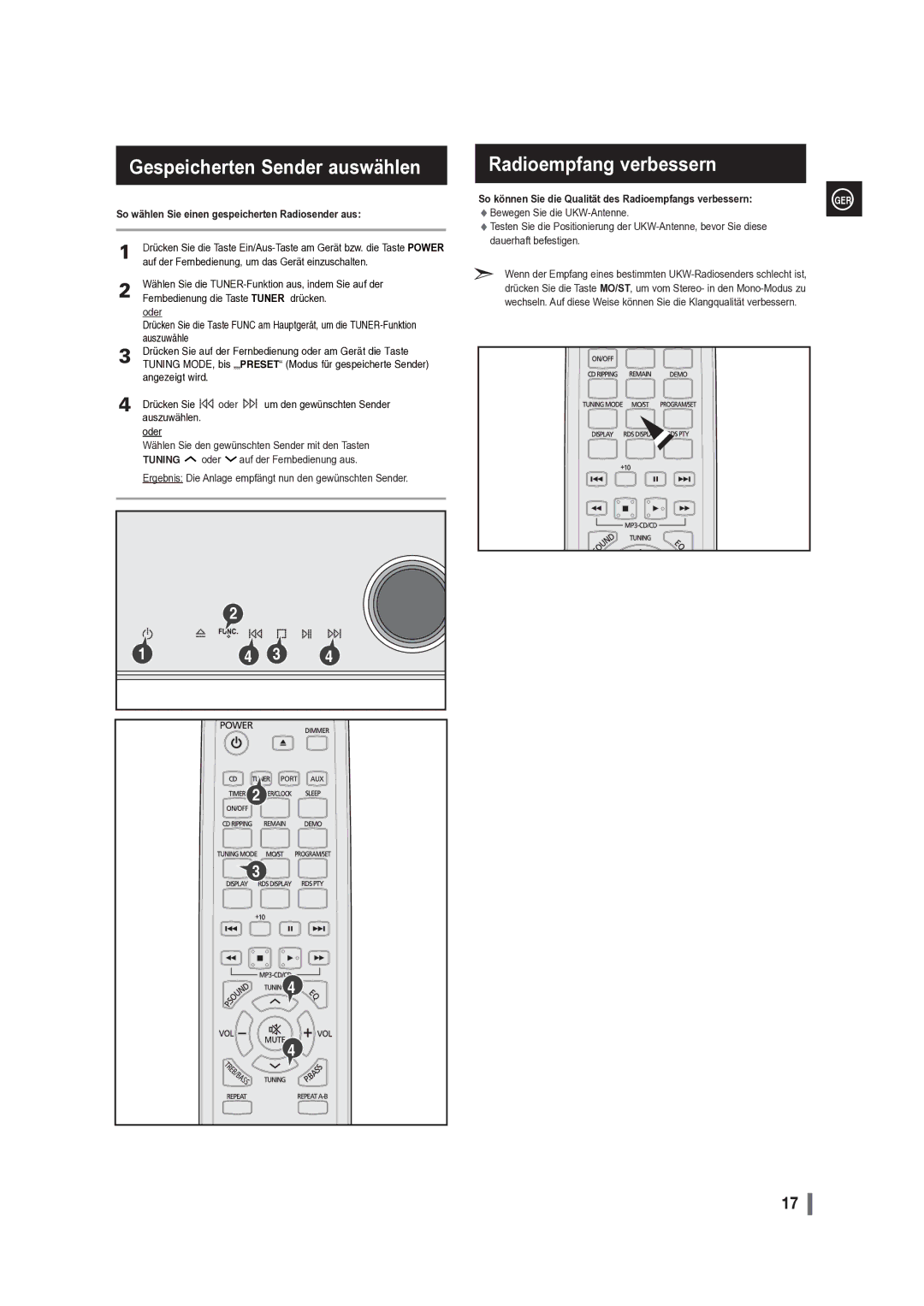 Samsung MM-G35R/EDC manual Gespeicherten Sender auswählen, Radioempfang verbessern 