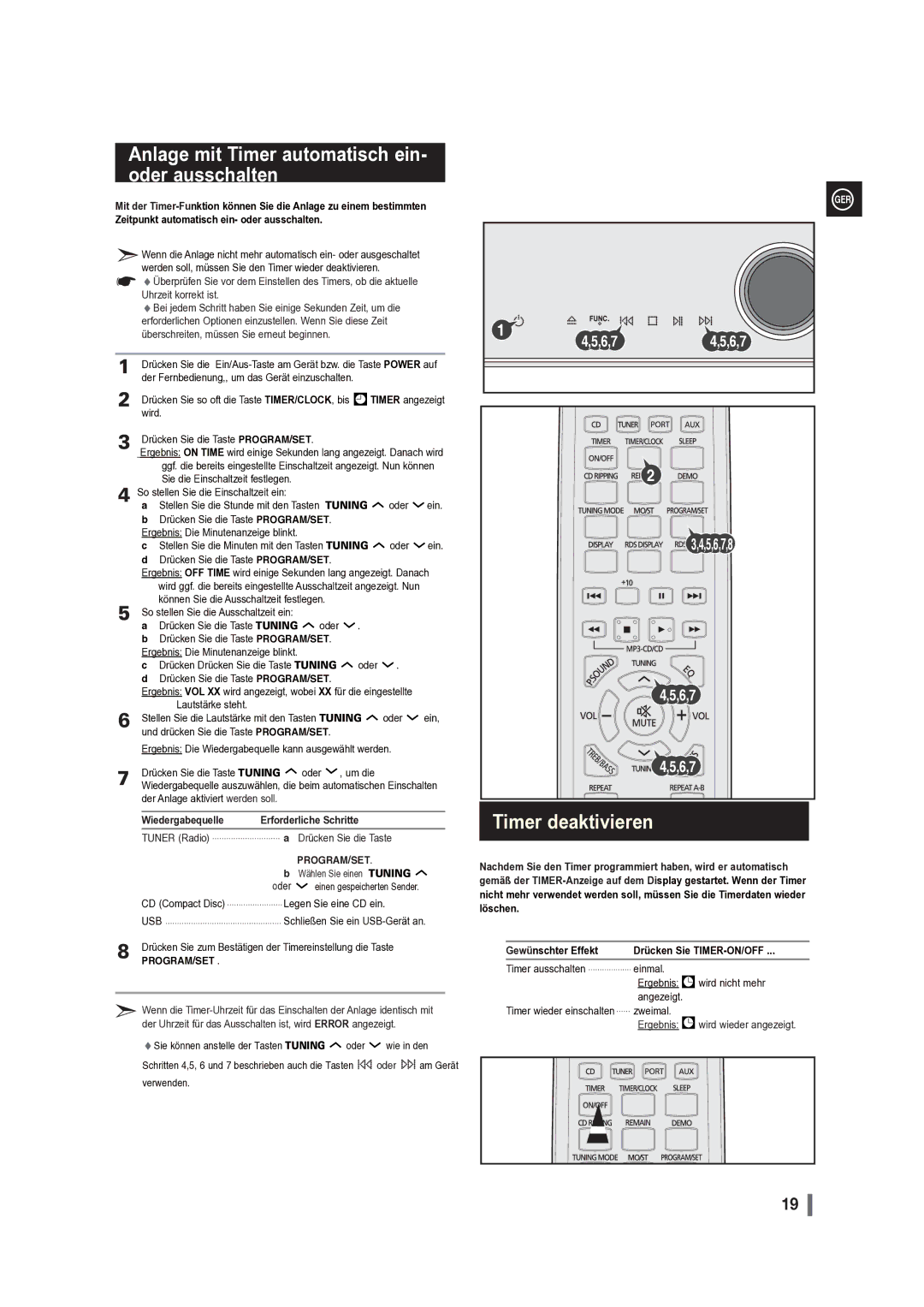 Samsung MM-G35R/EDC manual Anlage mit Timer automatisch ein- oder ausschalten, Wiedergabequelle, Ergebnis 