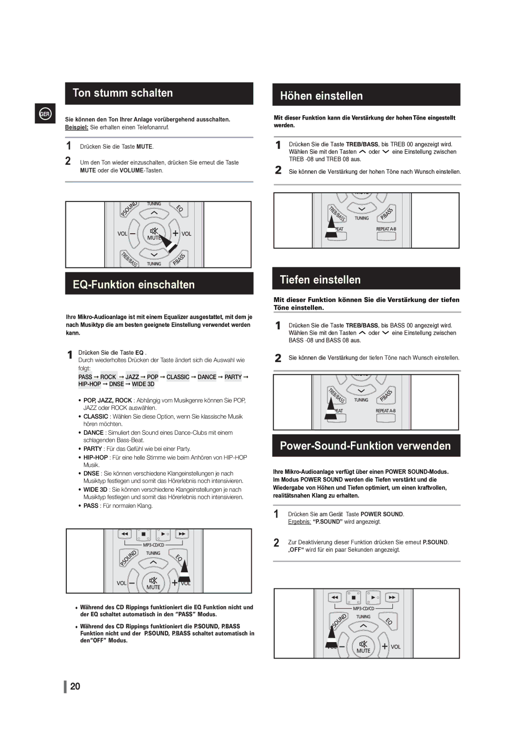 Samsung MM-G35R/EDC manual Höhen einstellen, Power-Sound-Funktion verwenden 