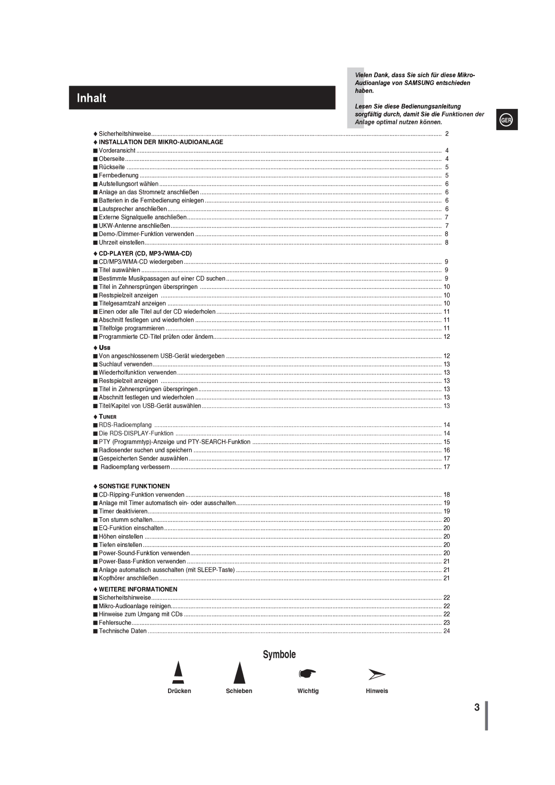 Samsung MM-G35R/EDC manual Inhalt, Anlage optimal nutzen können 