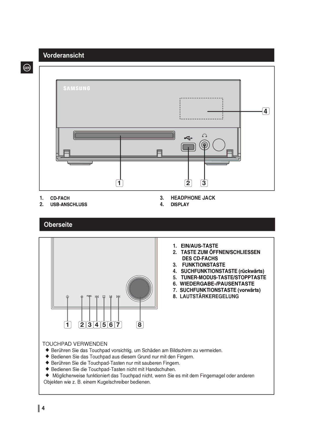 Samsung MM-G35R/EDC manual Vorderansicht, Oberseite 