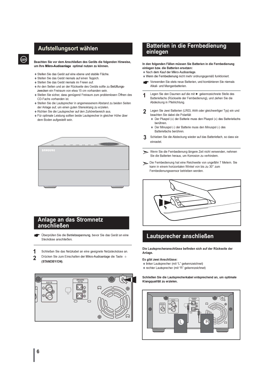 Samsung MM-G35R/EDC Batterien in die Fernbedienung einlegen, Anlage an das Stromnetz anschließen, Lautsprecher anschließen 