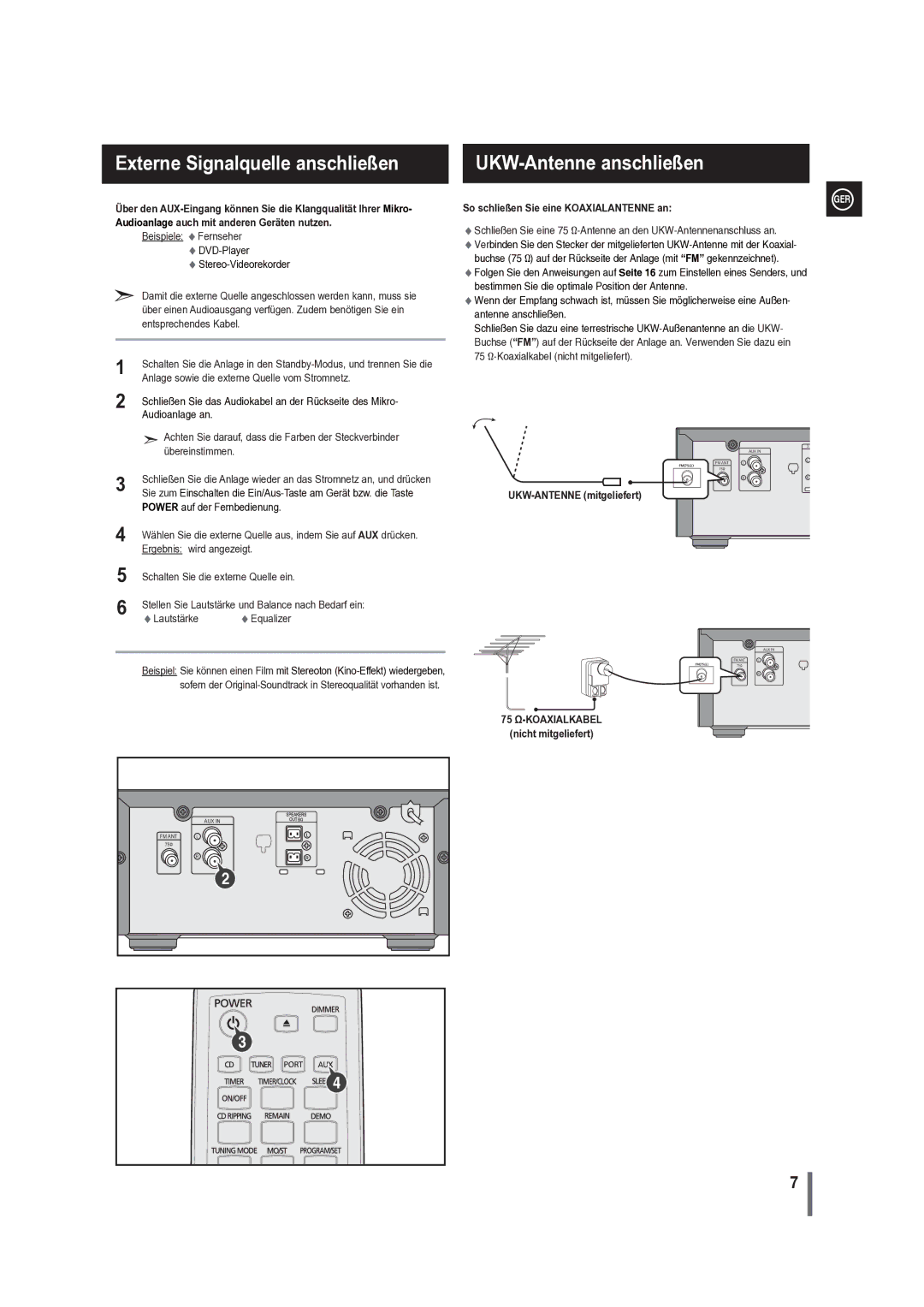 Samsung MM-G35R/EDC manual UKW-Antenne anschließen, So schließen Sie eine Koaxialantenne an, UKW-ANTENNE mitgeliefert 