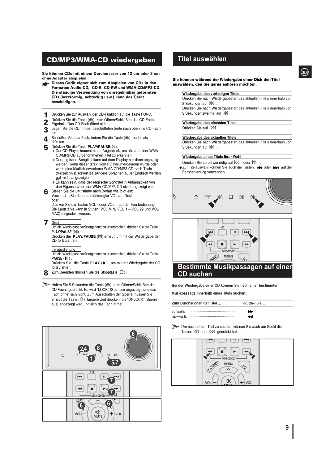 Samsung MM-G35R/EDC manual Bestimmte Musikpassagen auf einer CD suchen, Die ständige Verwendung von unregelmäßig geformten 