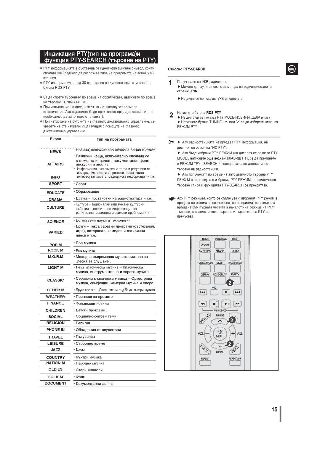 Samsung MM-G35R/EDC Относно PTY-SEARCH, Натиснете бутона Tuning , или . за да изберете желания, Екран, Тип на програмата 