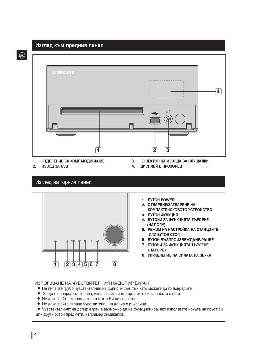 Samsung MM-G35R/EDC manual Изглед към предния панел, Изглед на горния панел 