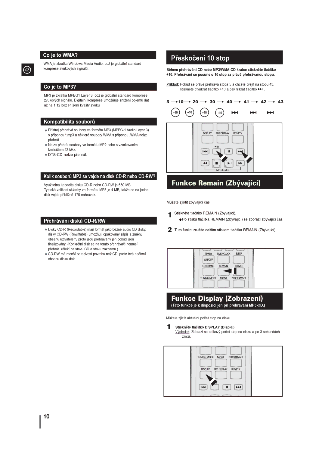 Samsung MM-G35R/EDC manual Přeskočení 10 stop, Komprese zvukových signálů, Stiskněte tlačítko Display Displej 