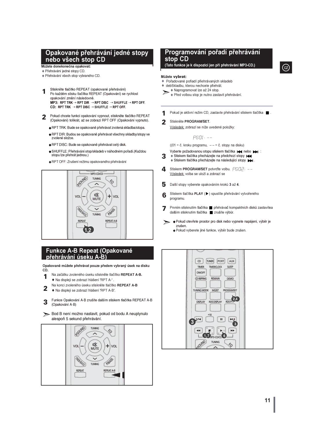 Samsung MM-G35R/EDC manual Opakované přehrávání jedné stopy nebo všech stop CD, Programování pořadí přehrávání Stop CD 