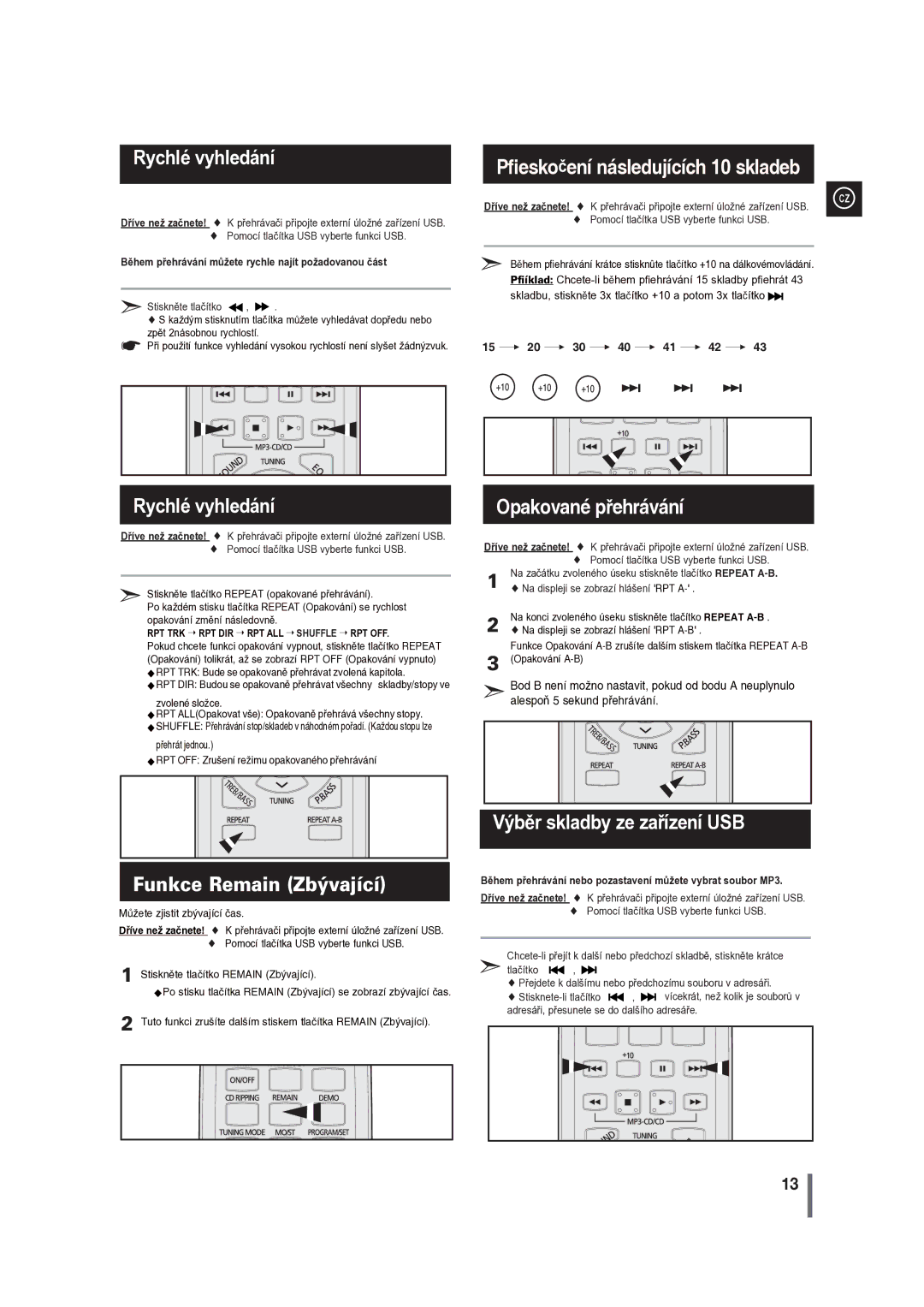 Samsung MM-G35R/EDC manual Rychlé vyhledání, Funkce Remain Zbývající, Výběr skladby ze zařízení USB 