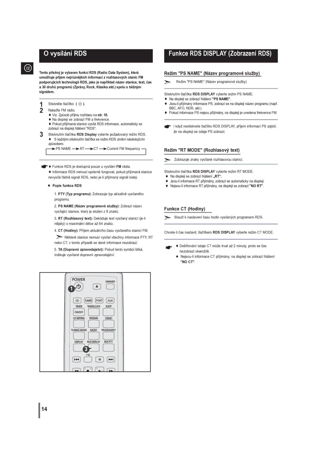 Samsung MM-G35R/EDC manual Vysílání RDS, Funkce RDS Display Zobrazení RDS, Popis funkce RDS, No CT 