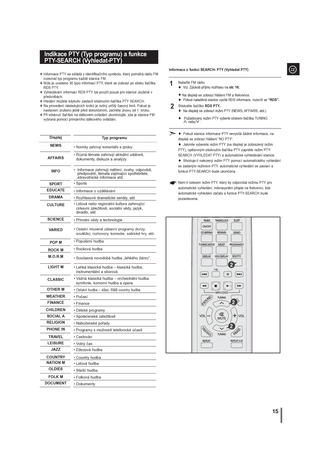 Samsung MM-G35R/EDC manual Informace o funkci SEARCH- PTY Vyhledat PTY, Displej, Typ programu 