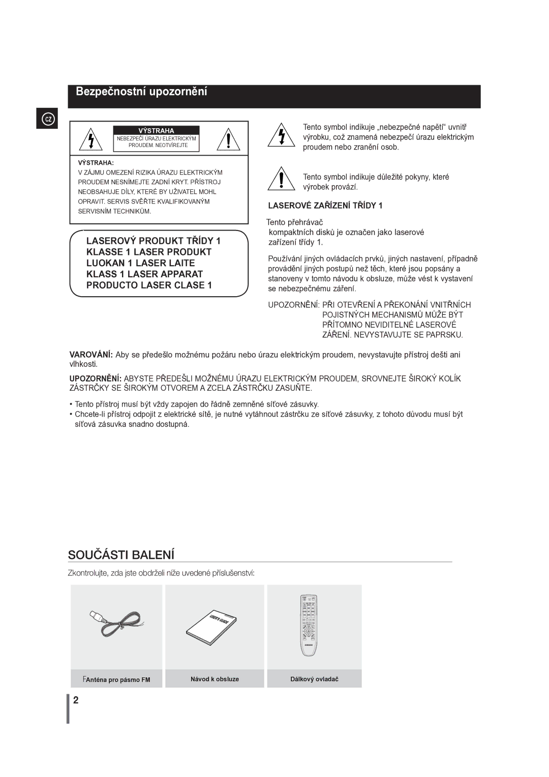 Samsung MM-G35R/EDC manual Bezpečnostní upozornění, FAnténa pro pásmo FM Návod k obsluze Dálkový ovladač 