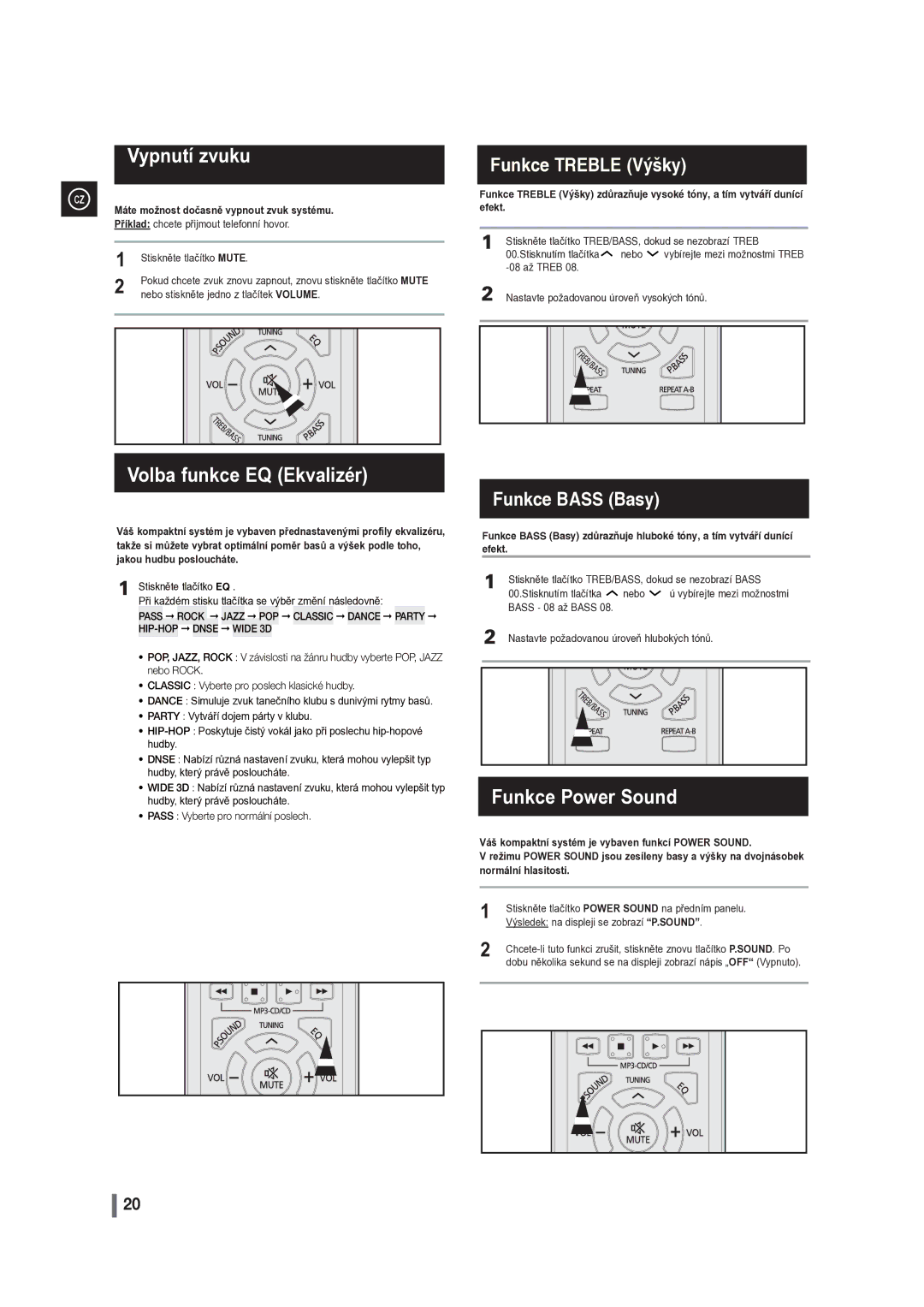 Samsung MM-G35R/EDC manual Vypnutí zvuku, Volba funkce EQ Ekvalizér, Funkce Power Sound 