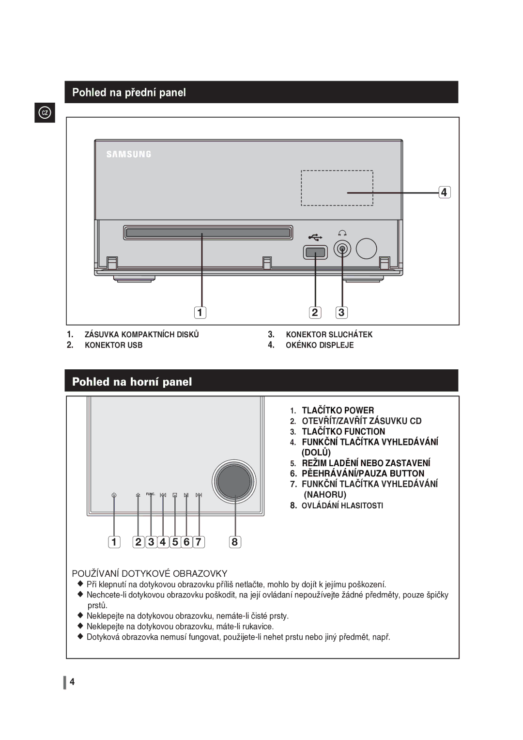 Samsung MM-G35R/EDC manual Pohled na přední panel, Pohled na horní panel 