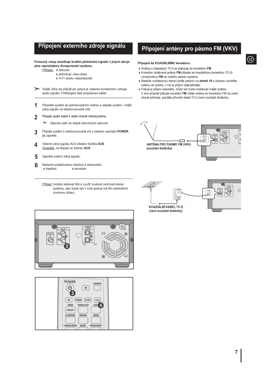 Samsung MM-G35R/EDC manual Připojení externího zdroje signálu, Připojení antény pro pásmo FM VKV, Není součástí dodávky 