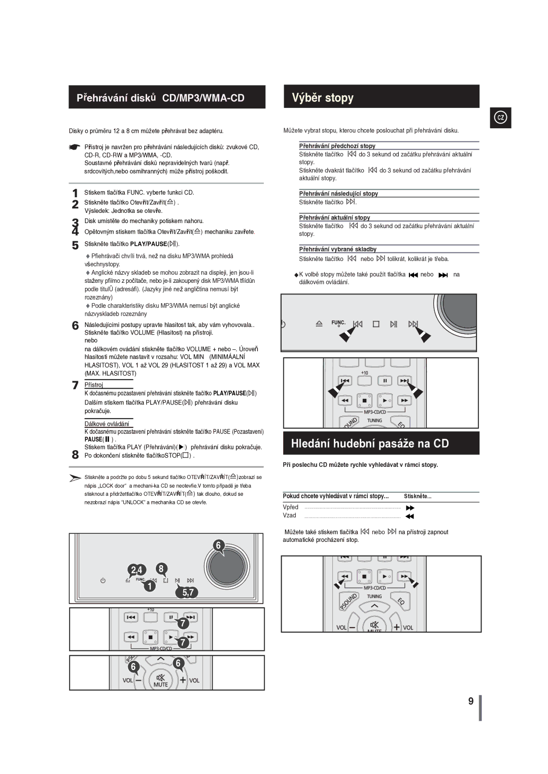 Samsung MM-G35R/EDC manual Hledání hudební pasáže na CD, Přehrávání předchozí stopy, Přehrávání následující stopy 