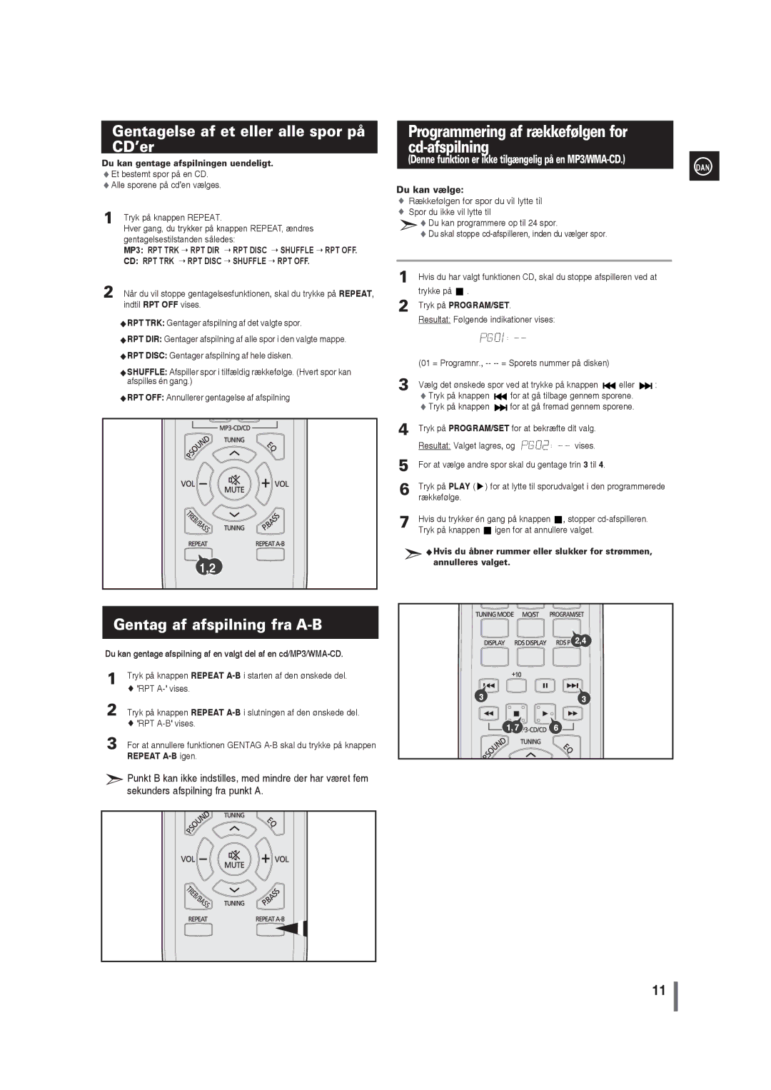 Samsung MM-G35R/XEE manual Programmering af rækkefølgen for cd-afspilning, Gentagelse af et eller alle spor på CD’er 