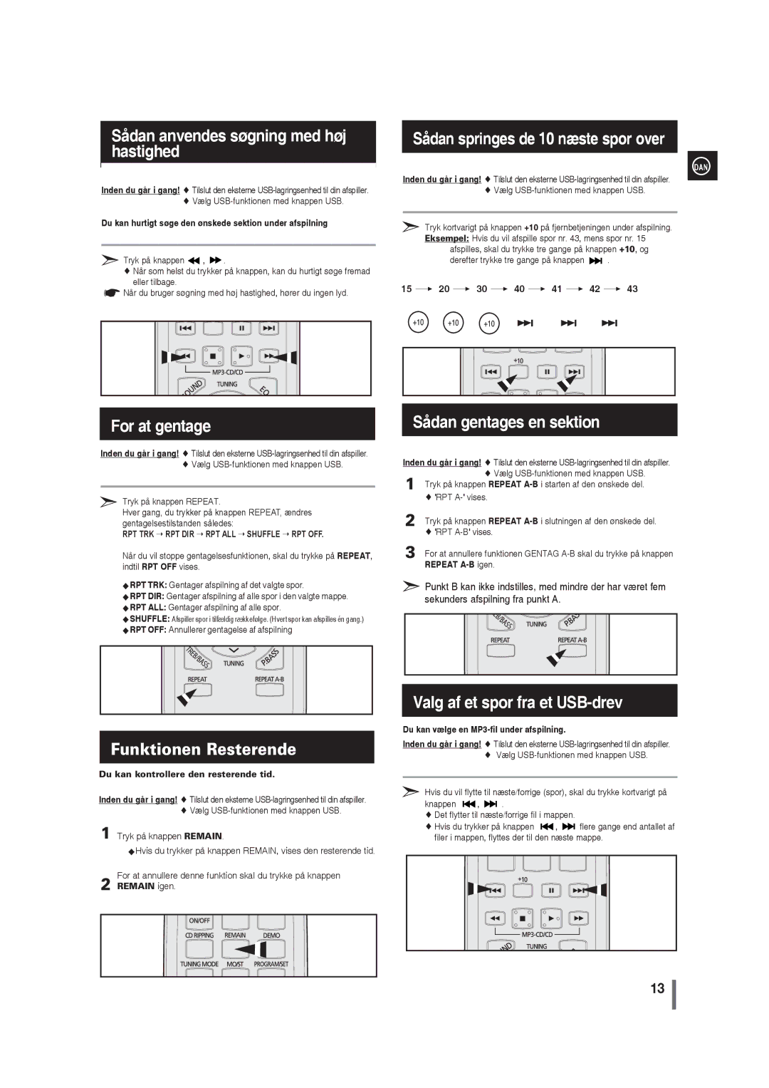 Samsung MM-G35R/XEE manual Du kan hurtigt søge den ønskede sektion under afspilning, Repeat A-B igen, Remain igen 