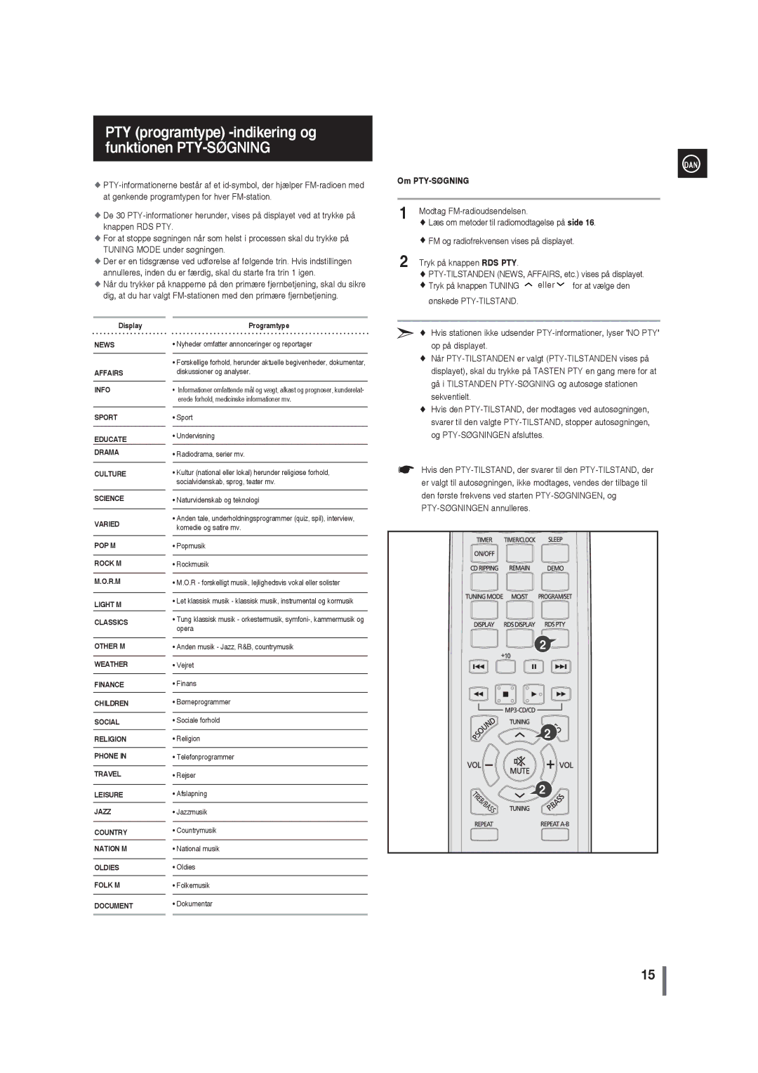 Samsung MM-G35R/XEE manual PTY programtype -indikering og funktionen PTY-SØGNING, Om PTY-SØGNING 