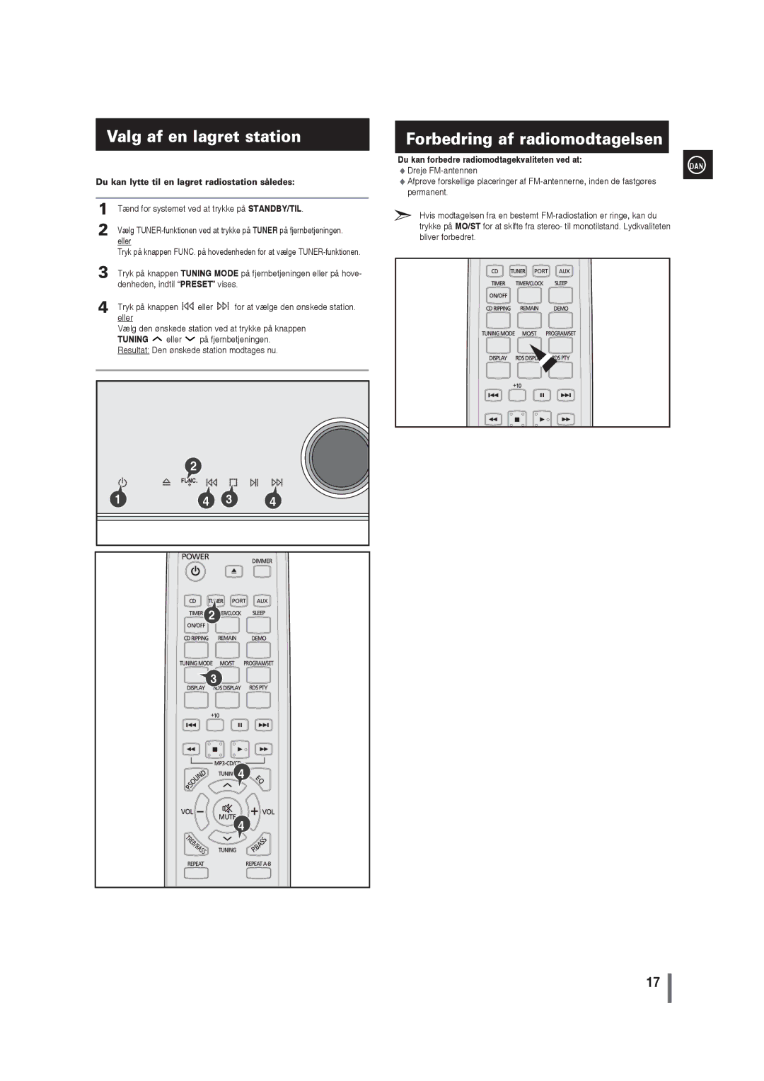 Samsung MM-G35R/XEE manual Valg af en lagret station, Forbedring af radiomodtagelsen 