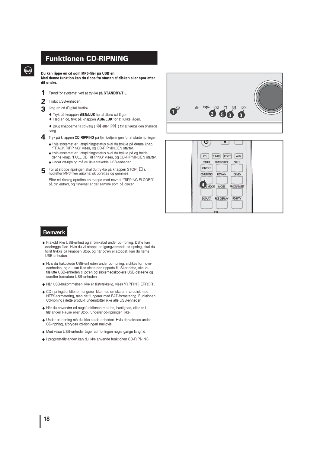 Samsung MM-G35R/XEE manual Funktionen CD-RIPNING, Dit ønske, Sang,  Under cd-ripning må du ikke frakoble USB-enheden 