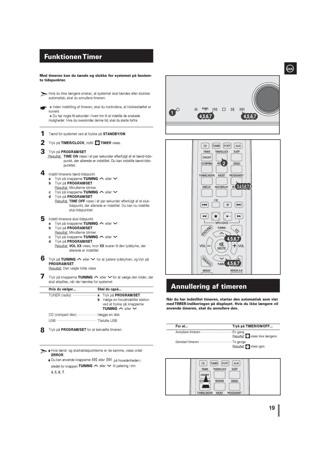 Samsung MM-G35R/XEE manual Funktionen Timer, Annullering af timeren, Timer vises, Hvis du vælger Skal du også 