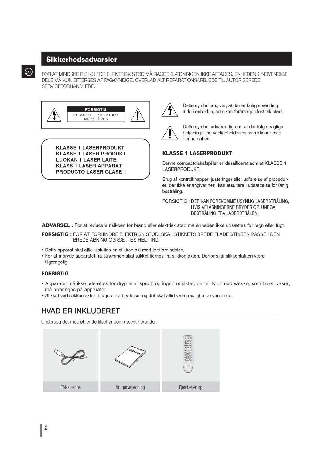 Samsung MM-G35R/XEE manual Sikkerhedsadvarsler, Klasse 1 Laserprodukt 