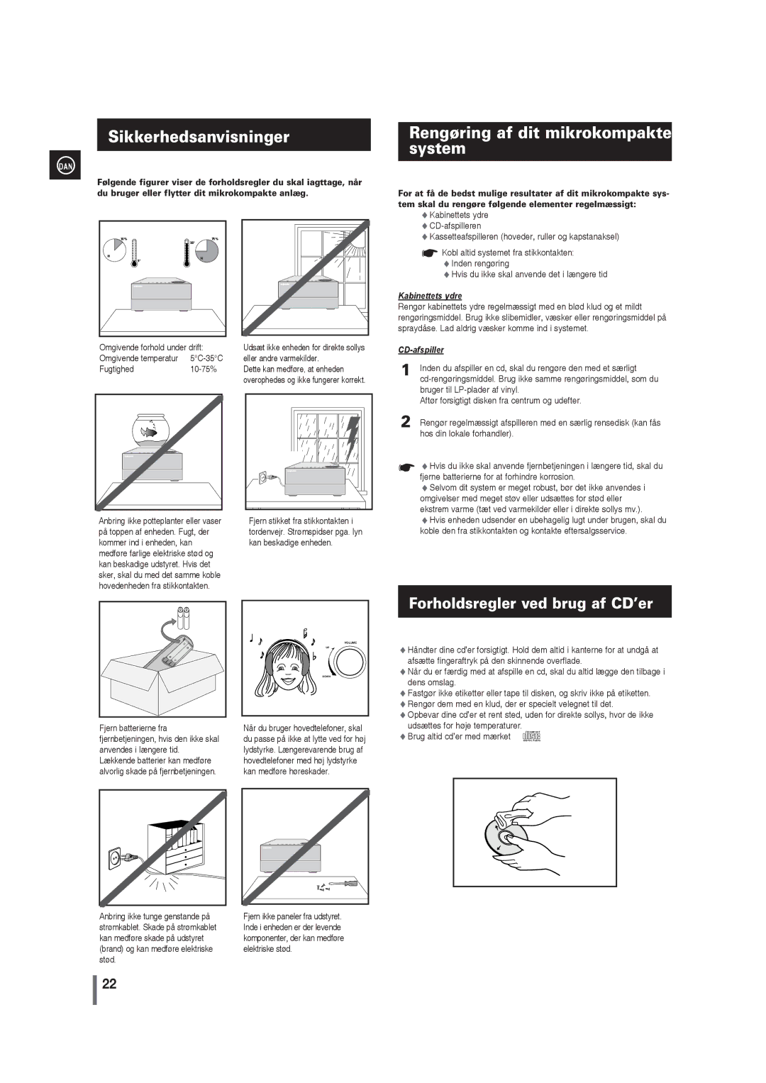 Samsung MM-G35R/XEE manual Sikkerhedsanvisninger, Rengøring af dit mikrokompakte system 