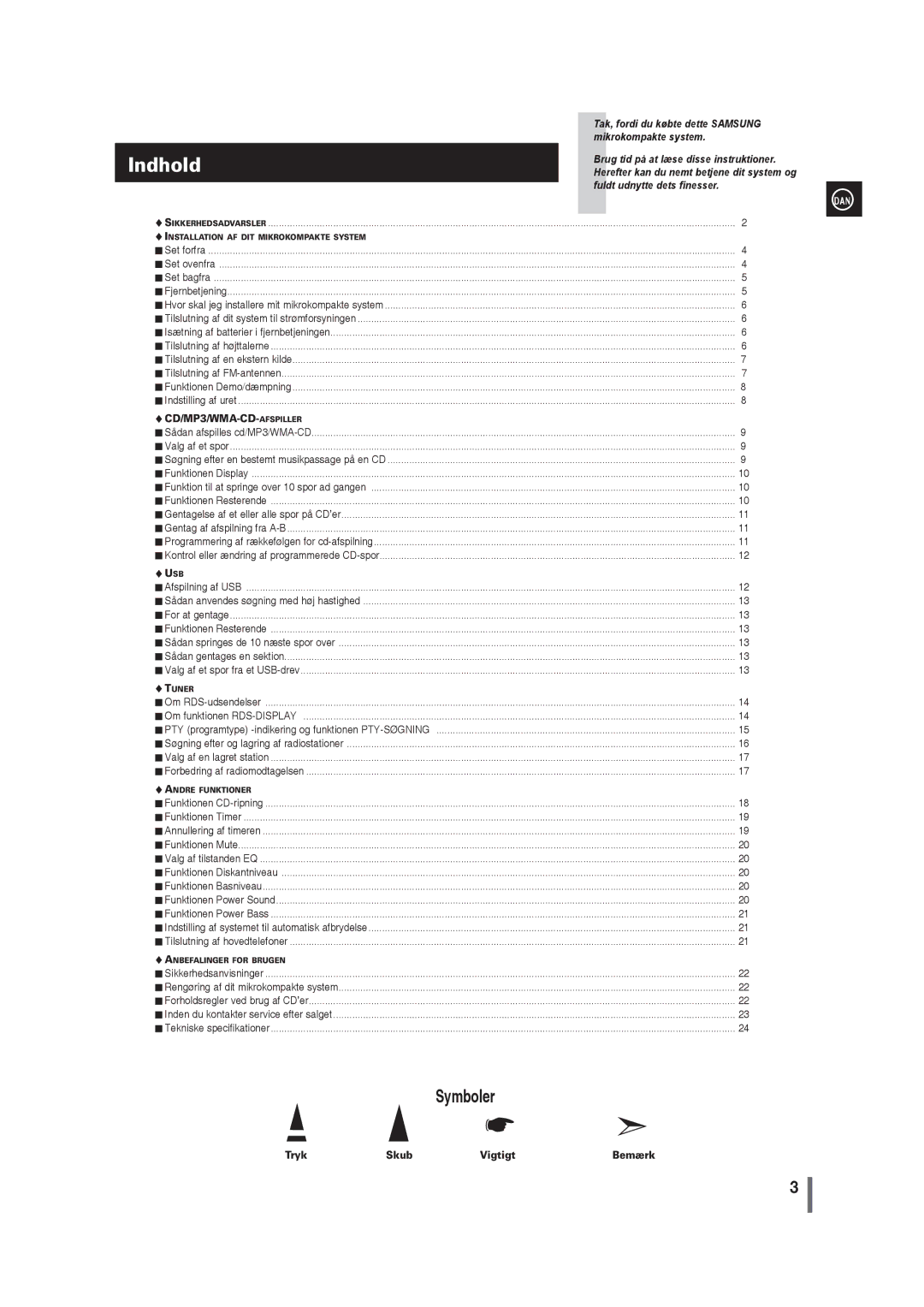 Samsung MM-G35R/XEE manual Indhold, Tryk Skub Vigtigt 