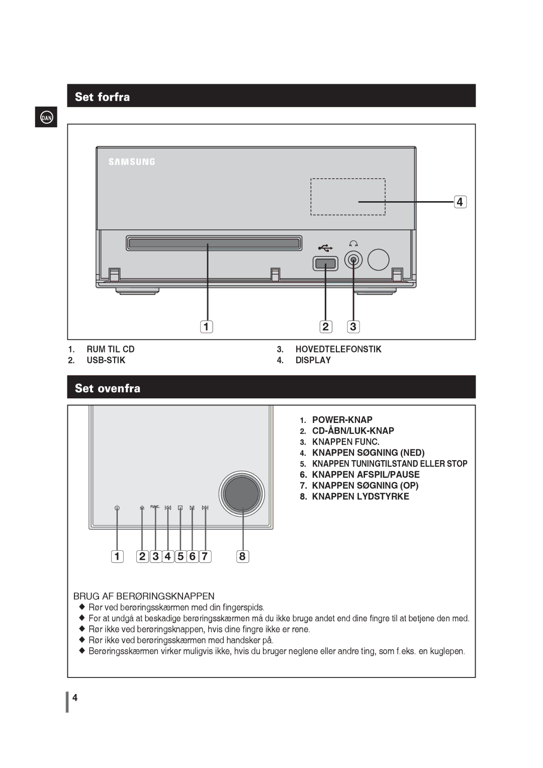 Samsung MM-G35R/XEE manual Set forfra, Set ovenfra 