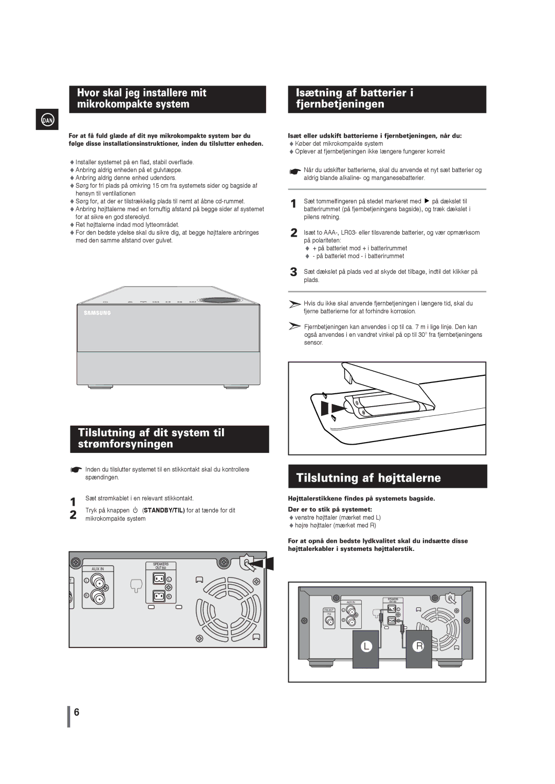 Samsung MM-G35R/XEE manual Tilslutning af højttalerne, Tilslutning af dit system til strømforsyningen 