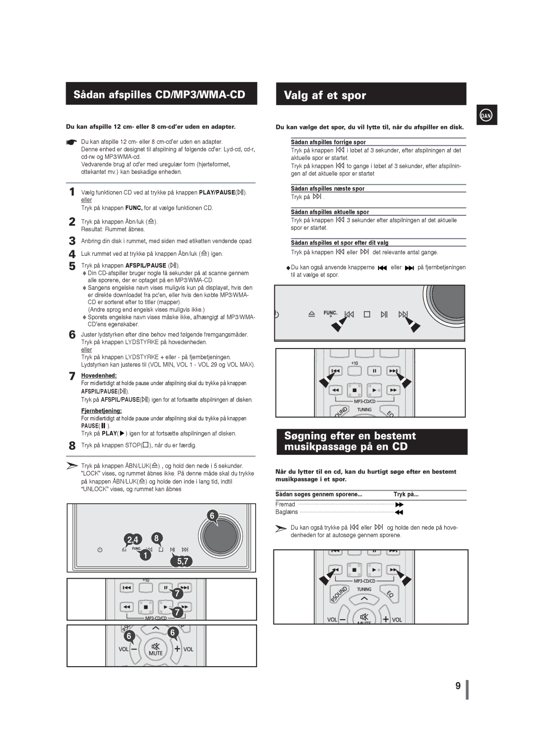 Samsung MM-G35R/XEE manual Valg af et spor, Sådan afspilles CD/MP3/WMA-CD, Søgning efter en bestemt musikpassage på en CD 